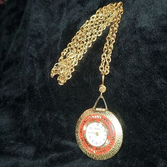 Vintage Mechanical Watch‎ Pendant & Necklace Orange Enamel & Fancy Carved Metal main image 6